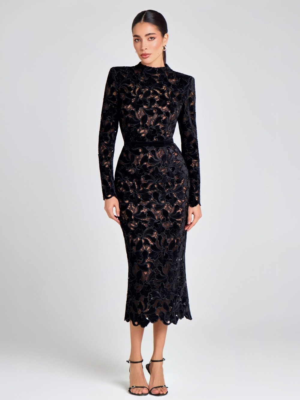 NADINE MERABI Diane Black Velvet Embroidered Midi Dress Sz XS (2) MSRP $545 NWT